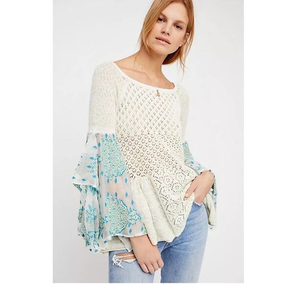 Free People Pointelle Breeze Sweater Top large sleeves cream blue size small - Picture 1 of 16